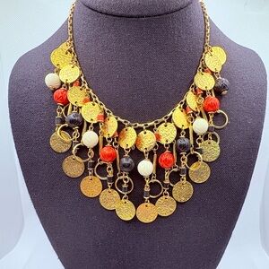 Vintage Red Blue Gold & White Carved Bead Textured Faux Coin Fringe Necklace 15”